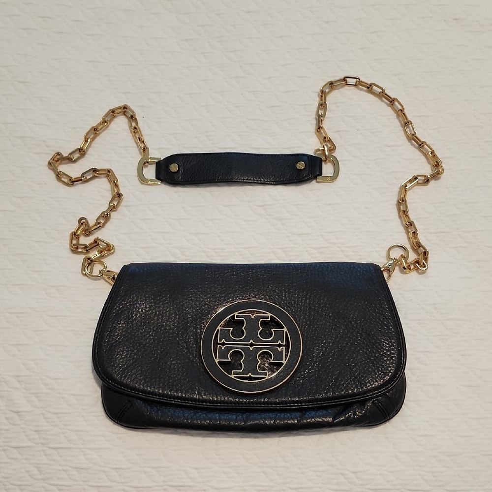 Tory Burch Reva Black Pebbled Leather Crossbody with Gold Chain